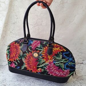 Multicolor Floral Tapestry & Black Leather Guatemala Top Handle Purse